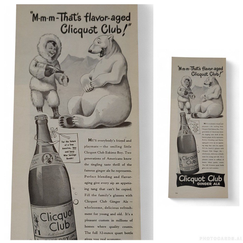 1943 Clicquot Club Ginger Ale Print Ad Eskimo Boy Polar Bear‎ Beverage Ephemera